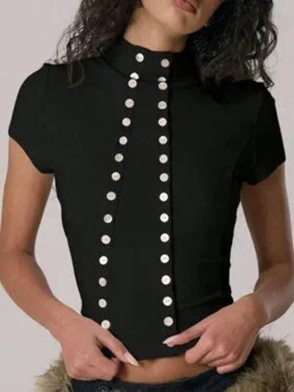 ZARA Black Elegant Women's Funnel Neck Double Button Front Detail Top